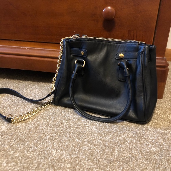 Black handbag with gold hardware, size is 10" x 8" x 4". - Picture 3 of 4